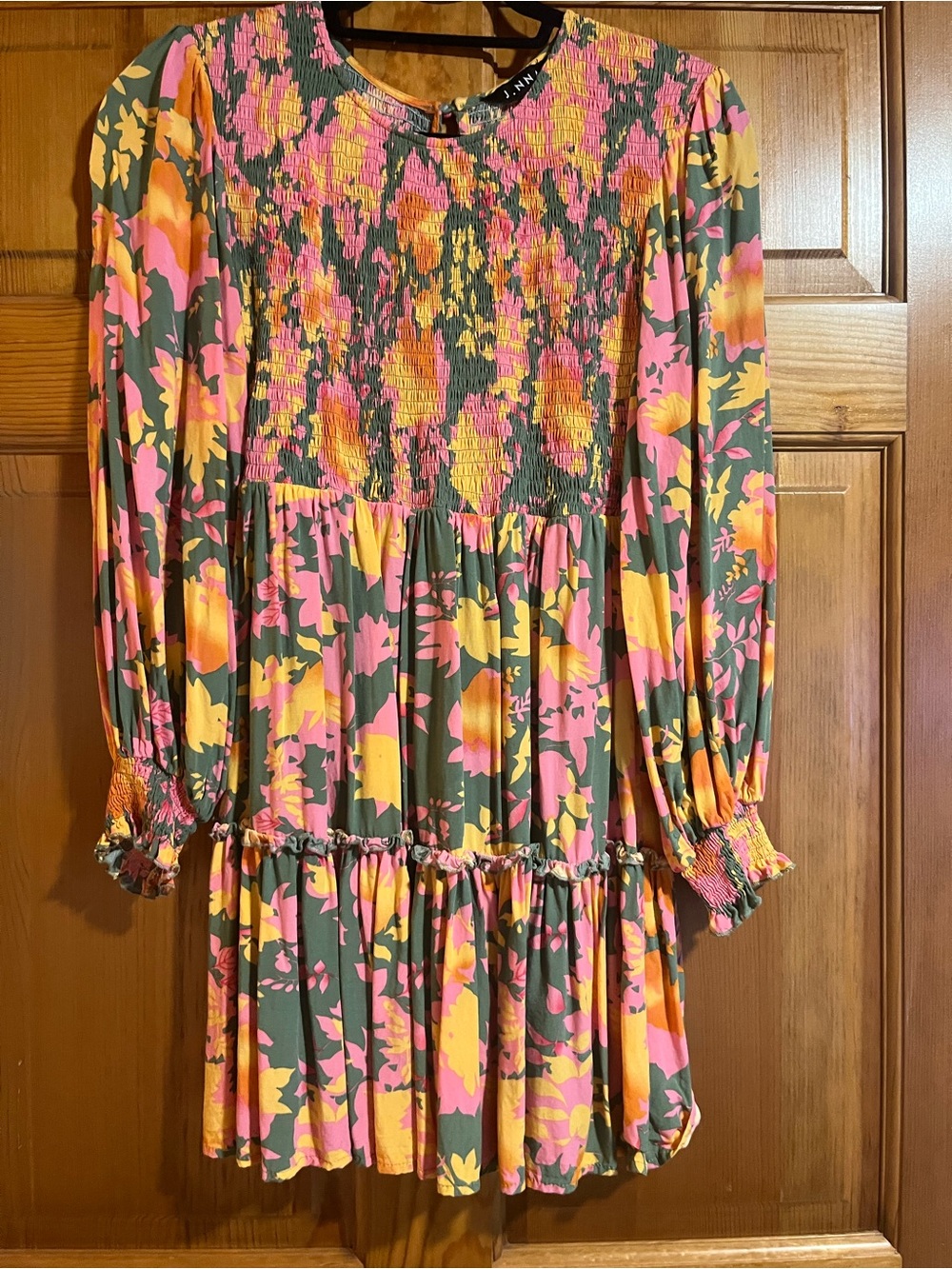 J.NNA Floral Smocked Tiered Mini Dress M Pink Green Boho